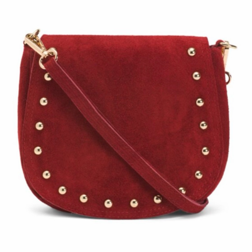 Persaman New York Red Suede Studded Crossbody Bag, Made In Italy